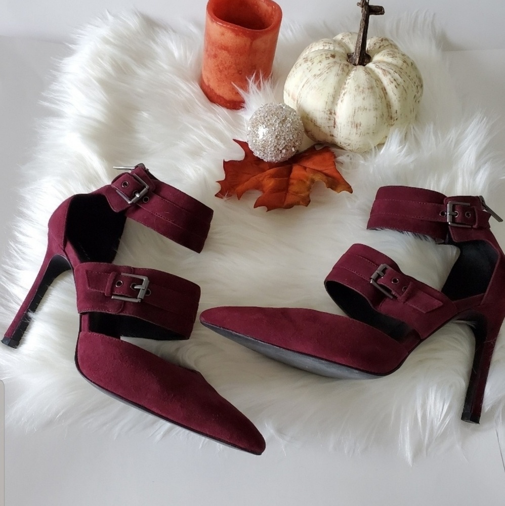 Pelle Moda Wine Burgundy Strappy Pointed-Toe Suede Heels